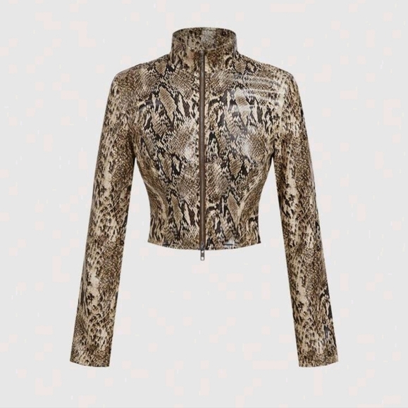 Khaki Snake Skin Print Motorcycle Stand Collar Zipper Jacket,Retro Western Style - Picture 1 of 4